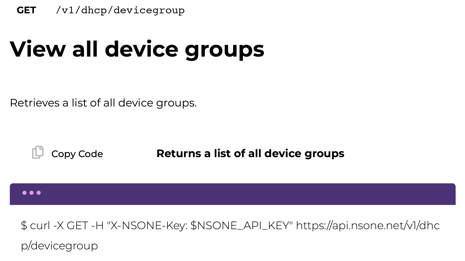 Screenshot of device groups API