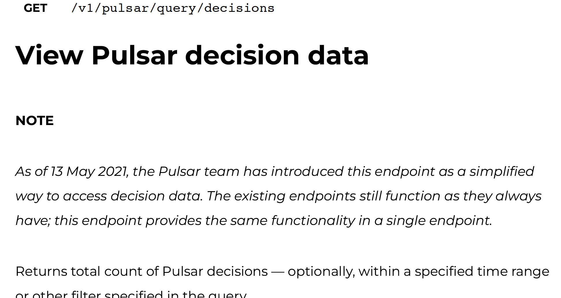 Screenshot of Pulsar's decision API endpoint API